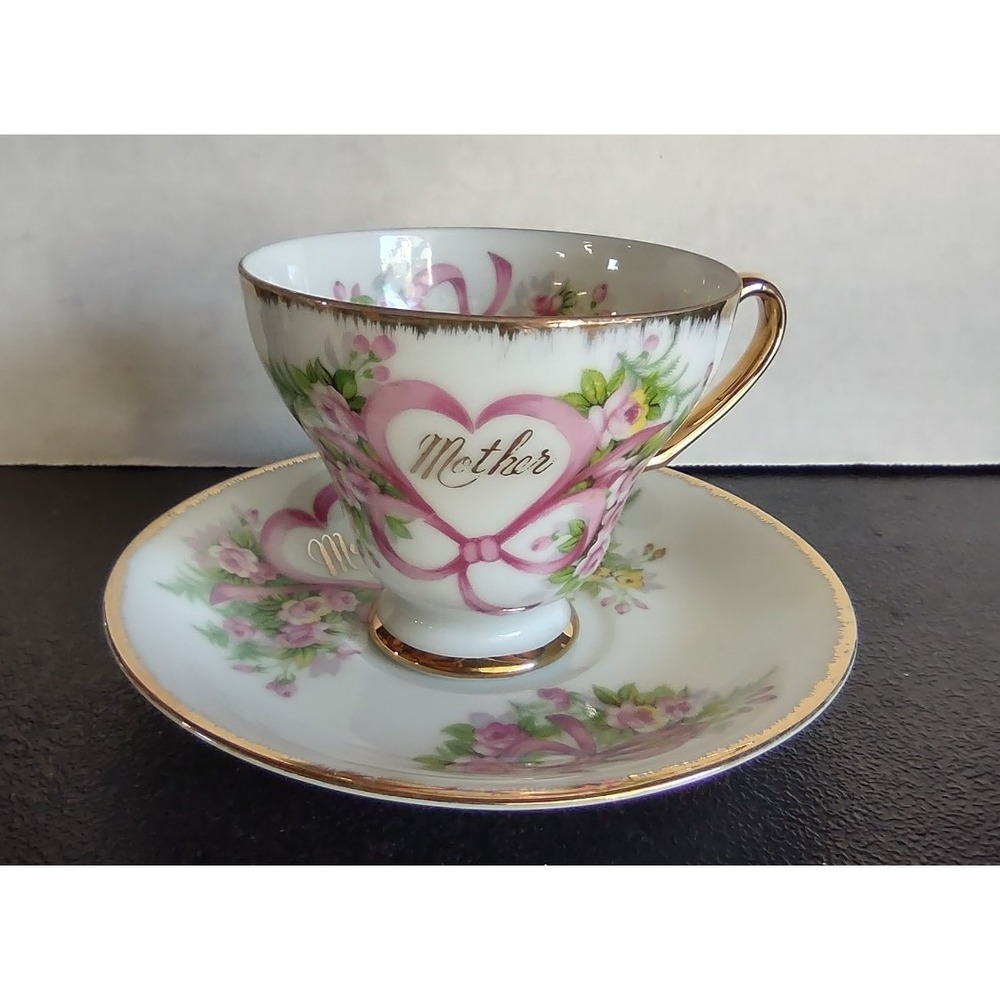 Vtg Norcrest Mother Teacup Saucer Pink Roses Gold Trim C-218 Japan